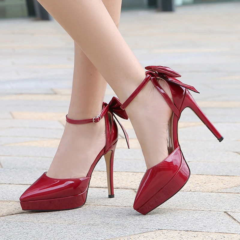 

2023 Spring Summer New Women High Heels Single Shoe Sexy Hollow Fashion Bow Pumps Ankle Buckle Strap Elegant Wedding Party Shoes