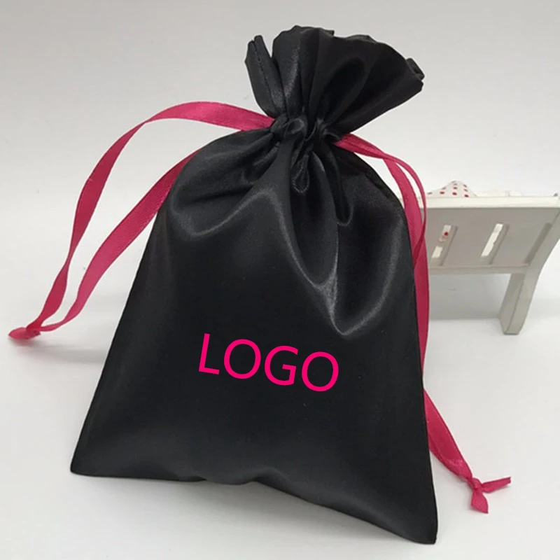 

Custom Logo Gift Bag Silk Satin Jewelry Pouch Drawstring Pouch 10x15/12x16/15x20/18x30cm Lashes Lipgloss Hair Packaging Bag 50P