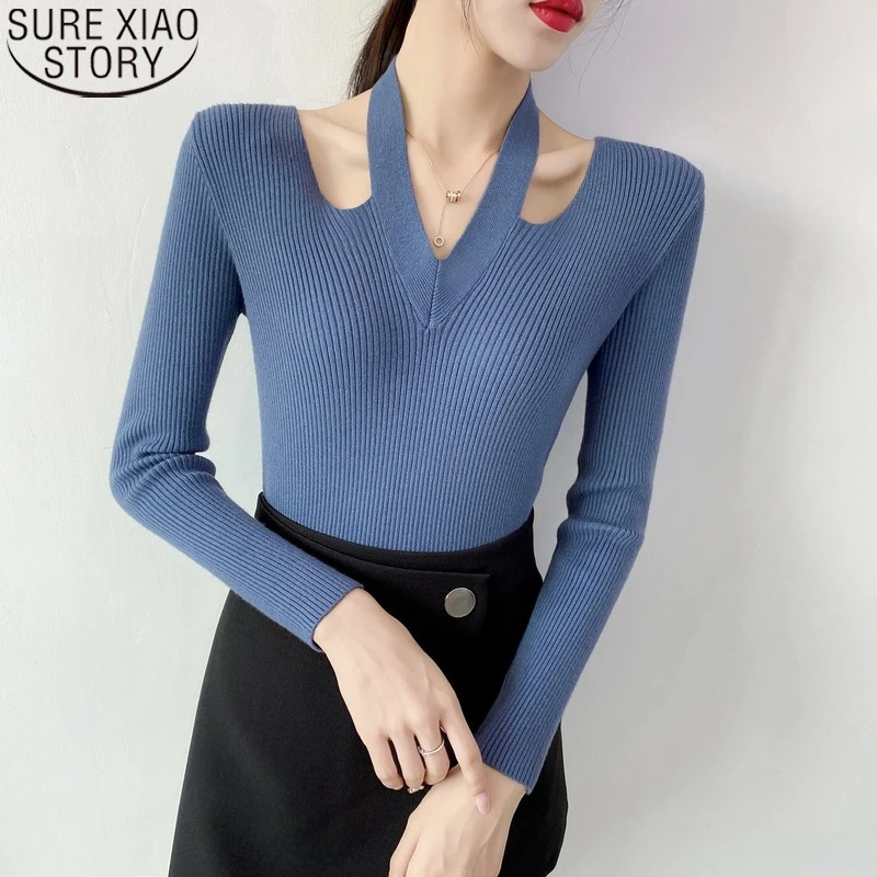 

Casual Halter Neck Knitted Pullover Women Clothing Autumn Slim Solid Color Fashion Tops Elegant Bottoming V-neck Sweater 22751