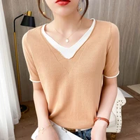 womens v neck short sleeved 100 cotton pullover fake two piece knitted sweater thin color matching loose t shirt korean style