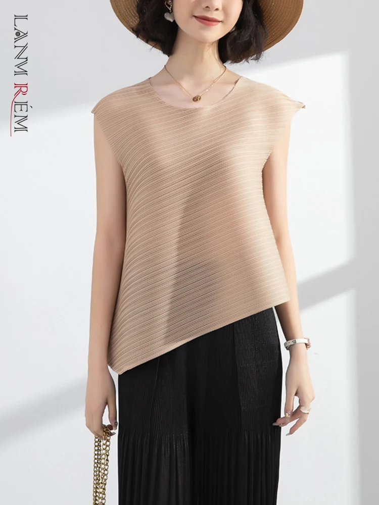 

LANMREM pleated irregular t-shirt women solid color sleeveless round collar pullover loose 2022 summer new female clothing 2I354