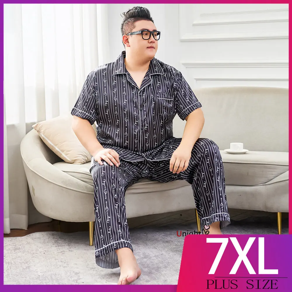 

Летние мужские шелковые пижамные комплекты, модель 6XL 7XL, атласные мужские пижамы, пижамы с шортами, одежда для сна, комплект домашней одежды, пижама, домашний костюм