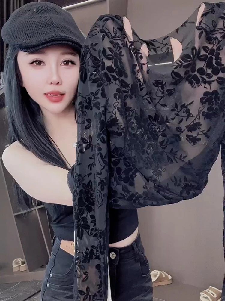 Осень 2024 новая тонкая сексуальная кружевная рубашка с длинными рукавами женская