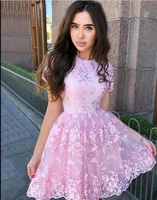 pink lace party short homecoming dresses with sleeves 2022 new summer mini graduation gowns for junior girls