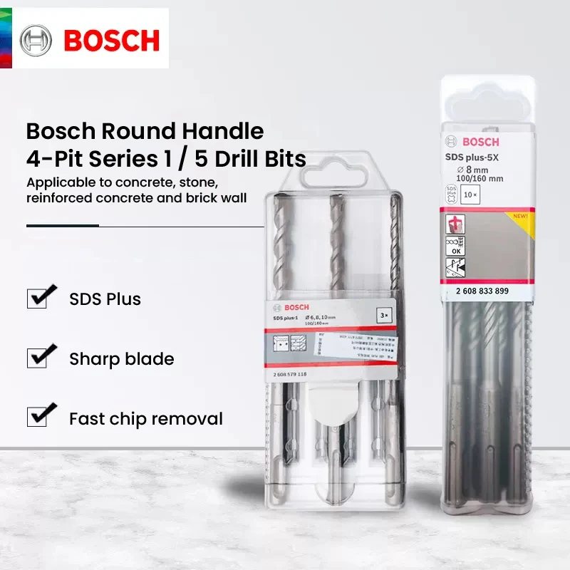 

Bosch SDS-Plus Drill Bits Series 1/5 Round Handle 4-Pit Tungsten Carbide Metal Drills Set 6/8/10/12/14/16mm Drill Accessories