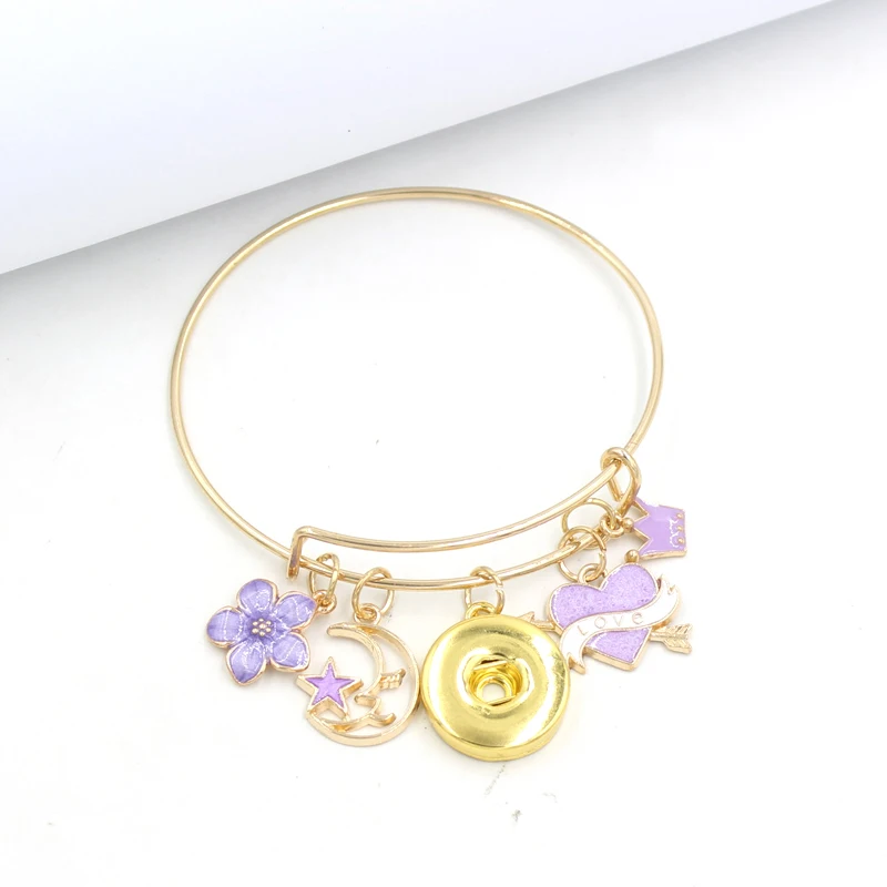 

10pcs Wholesale Gold Plated Women Jewelry Purple Enamel Heart Star Moon Key 5 Petal Flower Bracelets Gift Pulsera Snap Jewelry