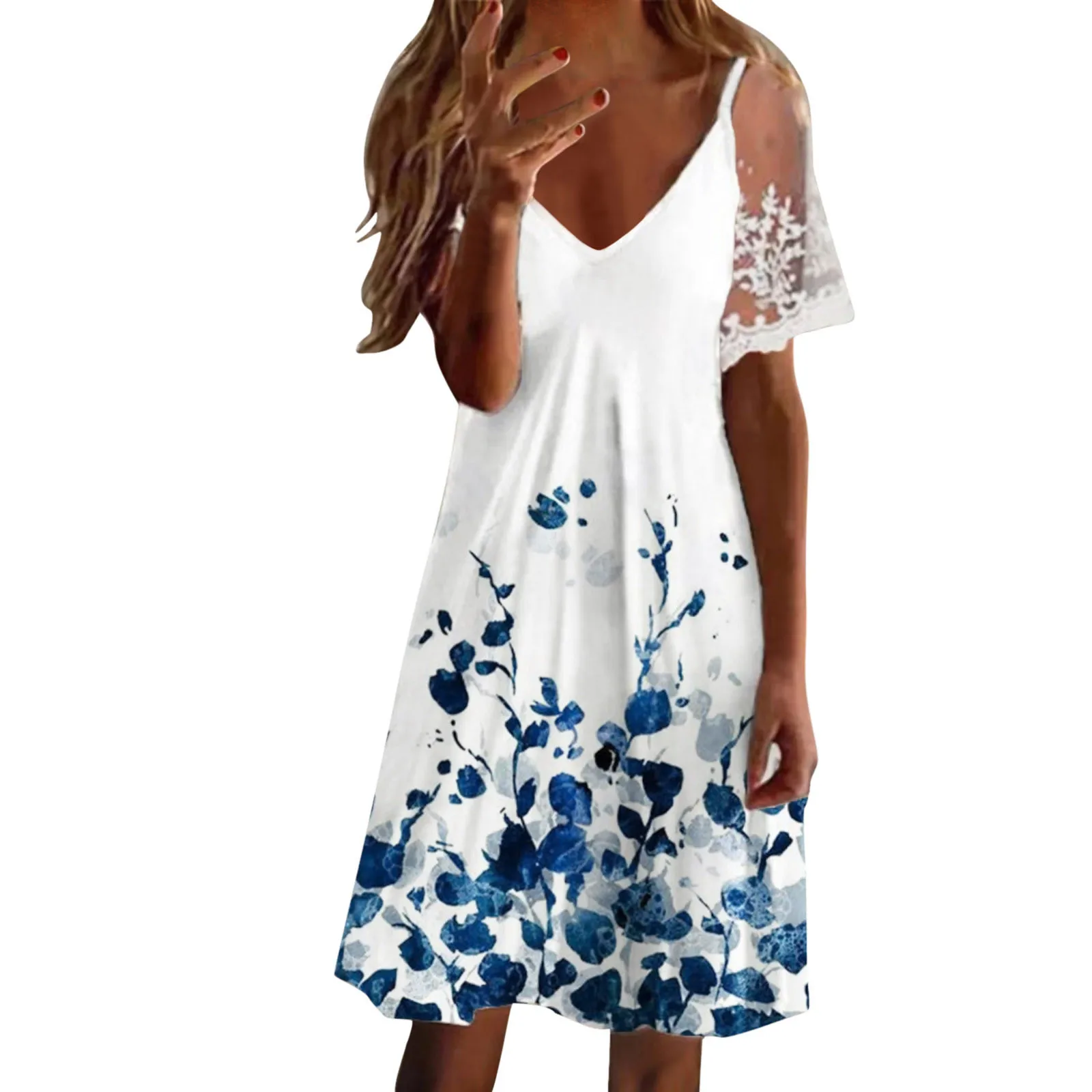 

Women Casual V Neck Summer Floral Printed Short Sleeve Dress Beach Sundress Lace Petal Sleeve Mini Women Clothing Dresses Casual