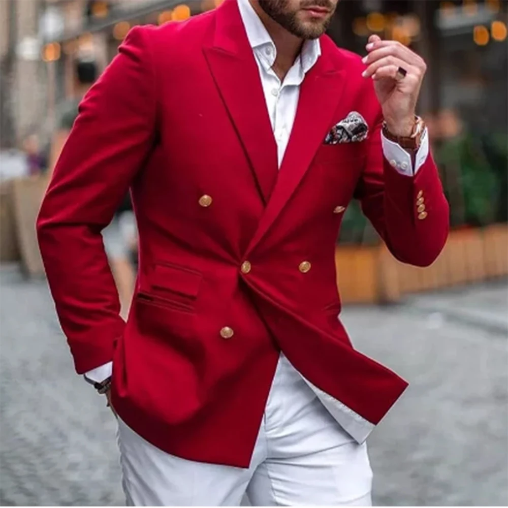 2022 Casual Red Double Breasted Men Suits with White Pants Slim Fit Prom Groom Tuxedos Wedding Wear 2 Pieces Fashion Blazer
