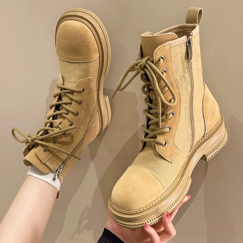 

Lucyever 2022 Flock Platform Ankle Boots Women Autumn Winter Side Zipper Women's Combat Boots Thick Bottom Lace Up Shoes Female