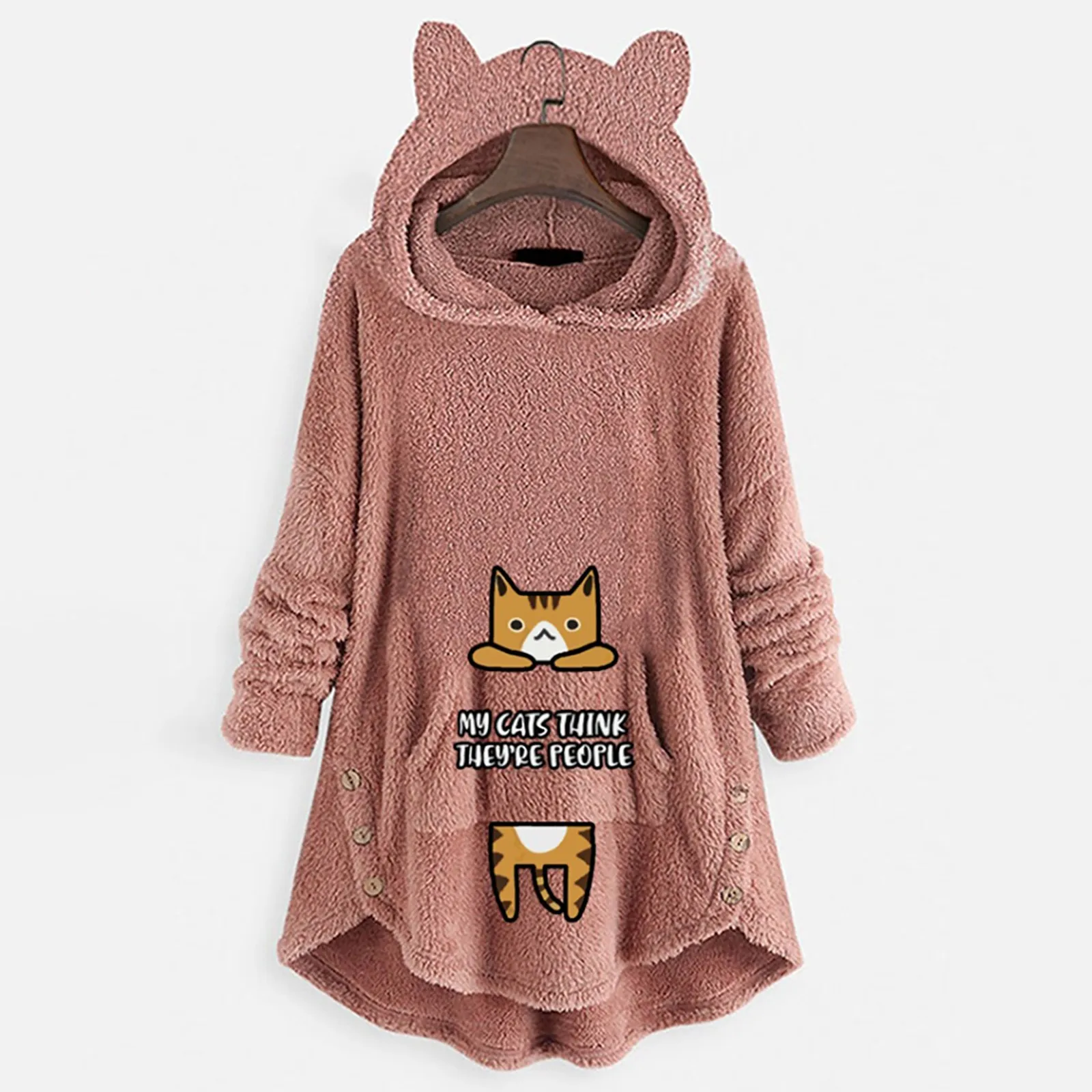 

Woman Sweat Shirt Women'S Autumn/Winter Fashion Sweater Solid Color Printed Cat Ear Hooded Long Sleeve Button Sweatshirts Ladies