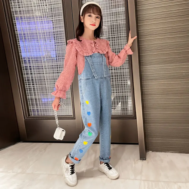 Teenage Girls Sets 2022 Spring Long Sleeve Blouses and Suspender Heart Print Children's Cute Suits Casual Loose Kids Tracksuits