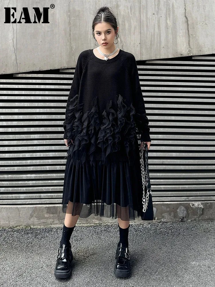 [EAM] Женский черный сетчатый свитер неправильной формы платье большого размера