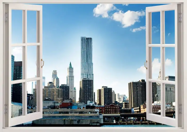

New york wall decal 3D window, New york wall sticker NY USA for home decor, vinyl colorful city buildings wall art for room deco