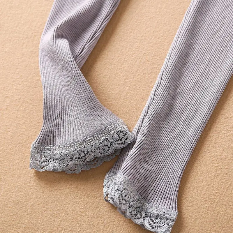 Silk Cotton Thermal Underwear Set Large Round Neck Lace Autumn and Winter Slim Solid Color Long Johns Single Layer Knitted Shirt