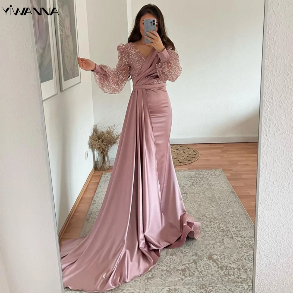

Simple V-neck Puff Sleeve Wedding Dress Sparkly Sequins Bride Robe Elegant Satin Straight Long Bridal Gown Robe De Mariée