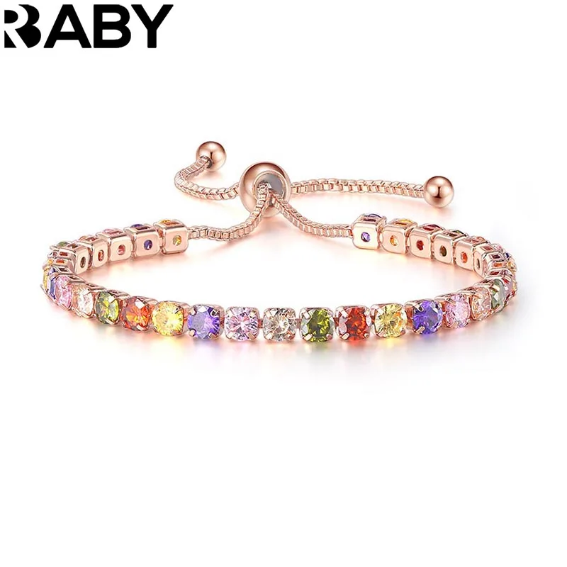 

925 Sterling Silver 18K Rose Gold Rainbow Multicolor Zircon Chain Bracelets For Women Lady Wedding Charm Crystal Jewelry