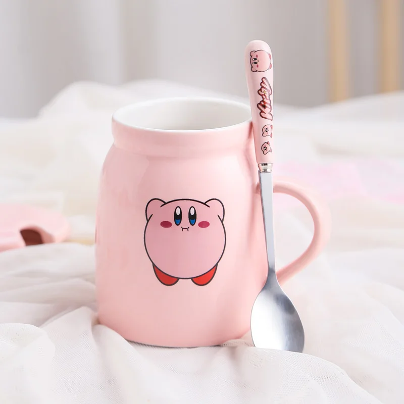 Kawaii Kirby Cat Plush Cartoon Cute Pink Ceramic Mug Coaster Fork Spoon Set Anime Plush Toys for Girls Kids Toys Birthday Gift