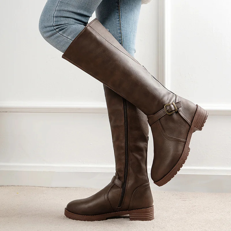 Women's Wide Calf Wear-resistant Riding Boots, Solid Color Zip Back Boots, Women's Footwear
