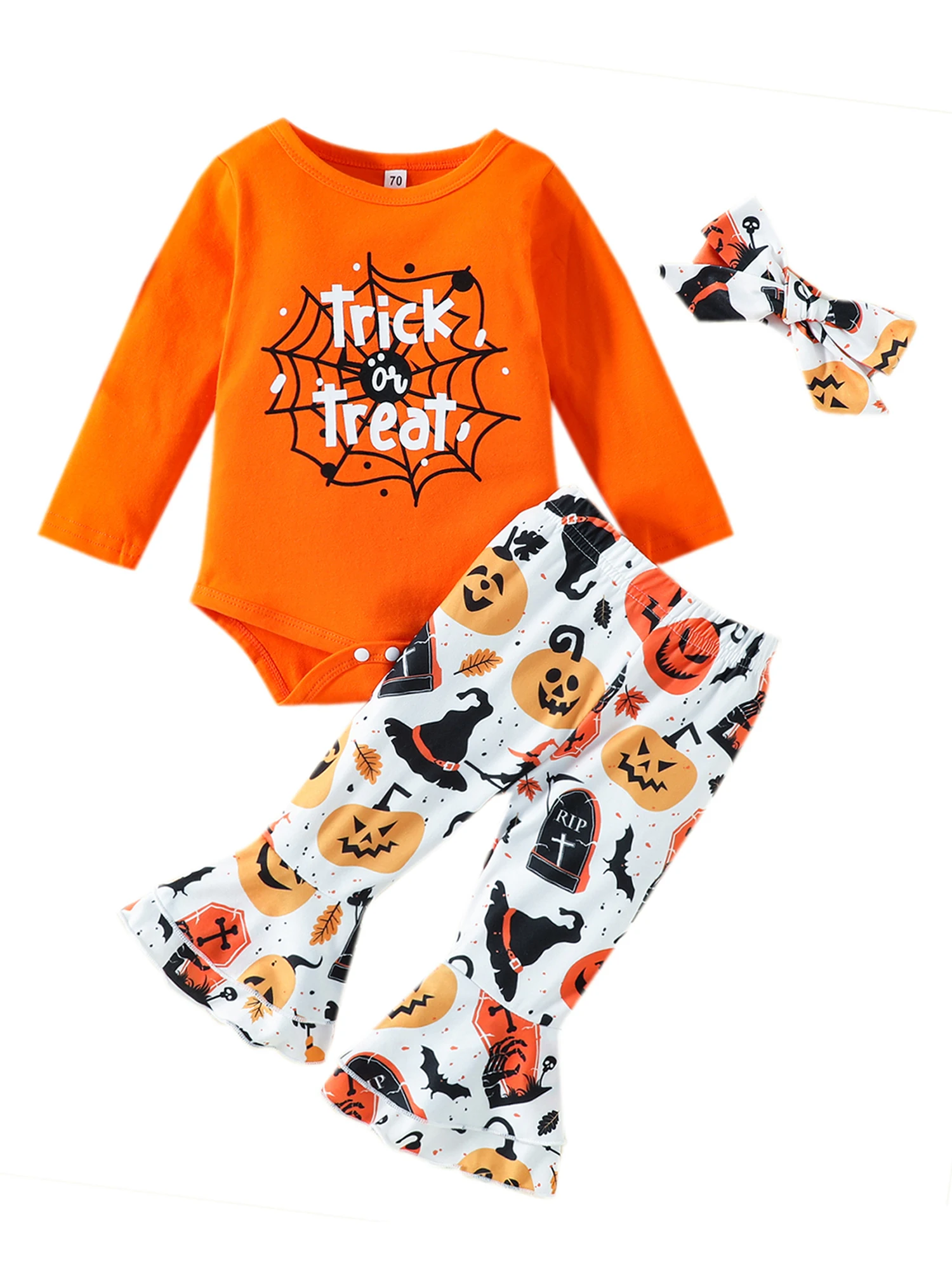 

Infant Baby Girls Halloween Outfits Long Sleeve Round Neck Pumpkin Ghost Print Romper Flare Pants Headband Set