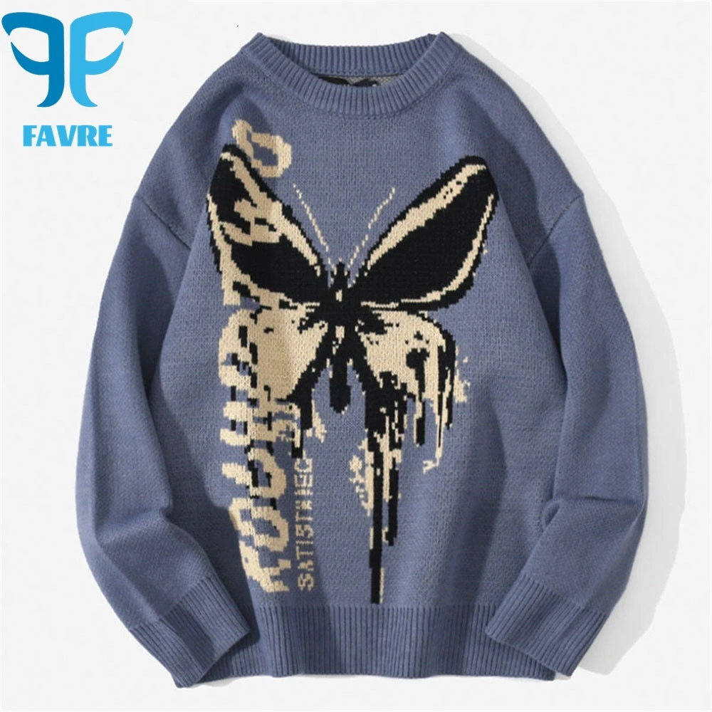 FAVRE Men Women's  Knitted Sweater Butterfly Pullover O-neck Long Sleeve Loose Tops Autumn Classic Jumper Male Female Sweaters