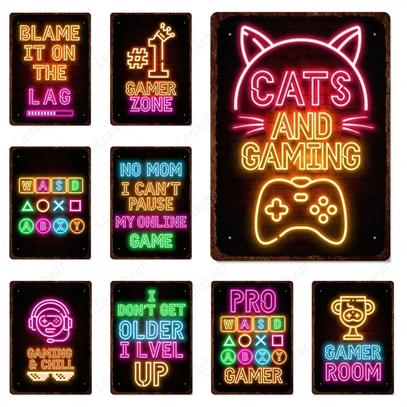 

Game Neon Metal Sign Shabby Plaque Plates Vintage Tin Poster Geek Gamer Zone Gaming Room Decor Iron Paintings Bar Cafe Kids Gift