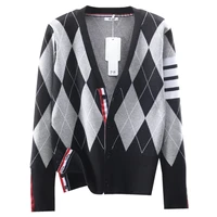 new diamond plaid cardigan european and american v neck sweater thick coat sweater for men and women