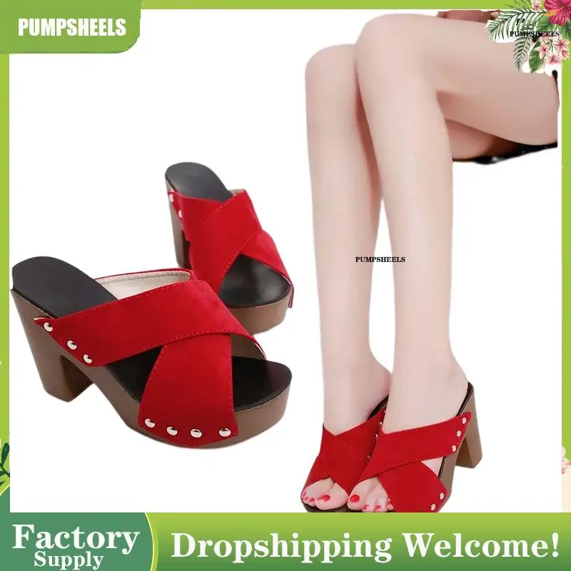 

Rubber Clogs Women Slippers Retro Clogs Thick High Heels Rivets Cross Straps Rough With Suede Sandals Pumps Fish Head