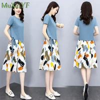 2022 summer fashion t shirt top printed skirt two piece womens casual blouse dress set korean elegant midi skirts suit
