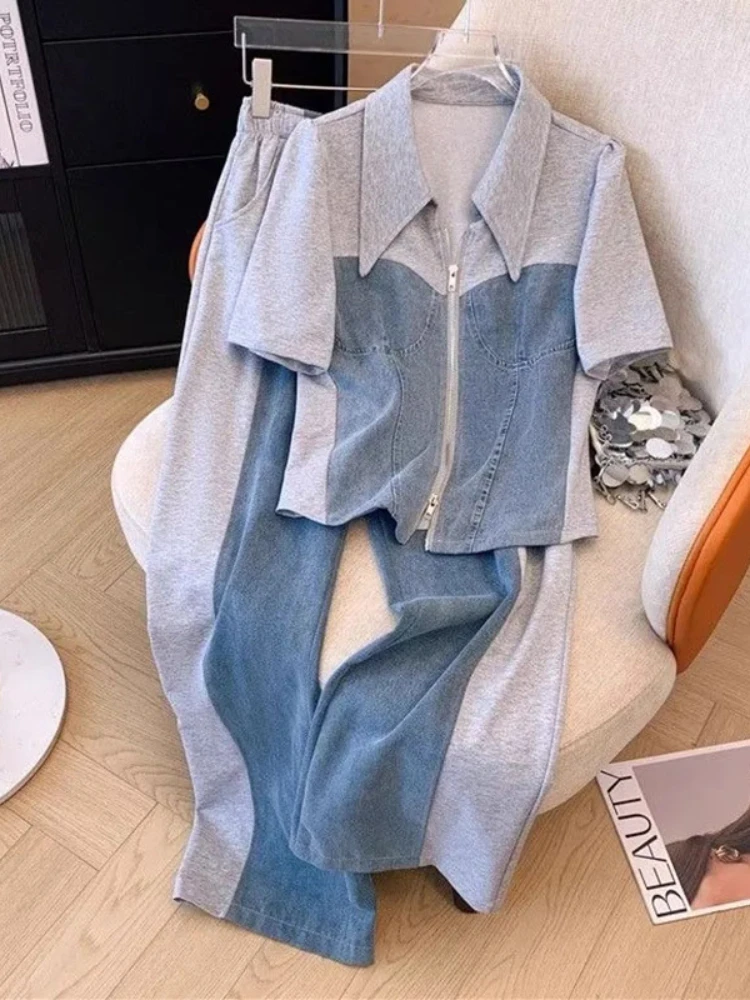 Женский джинсовый костюм с лацканами лоскутный топ воротником на молнии и