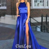 dark royal blue long evening dress sexy slit halter prom dresses satin formal dress evening gown for women vestidos de gala