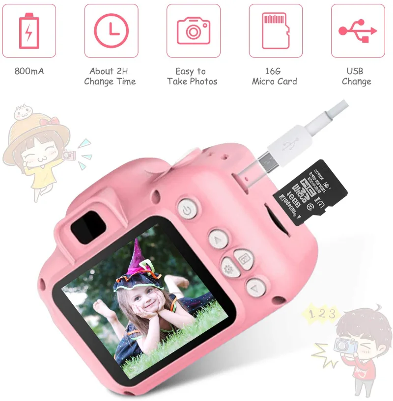 

Kids Digital Camera Toys for Age 3-8, Toddler Cameras Mini Cartoon RechargeableToys Camera Shockproof 8MP HD KidsToy Camcorder