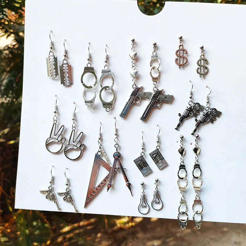 

Creative Funny Ancient Silver Color Handcuffs Blade Gun Drop Earrings For Women Punk Simple Metal Style New Pop Gothic Jewelry