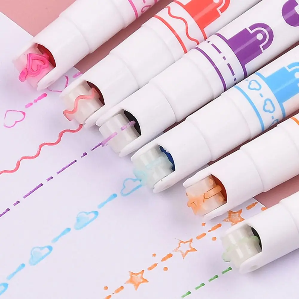 

6pcs/Set Drawing Tools Wavy Marking Stationery Lace Outline Pen Fluorescent Pen Roller Curve Pen Highlighter