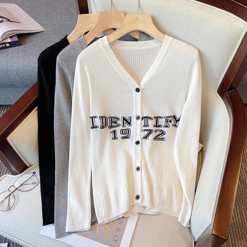 

Autumn Winter New V-Neck Knitted Cardigan Women's Loose Large Size Thick Sweater All-Match Jacket Letter Basic Small Cardigan