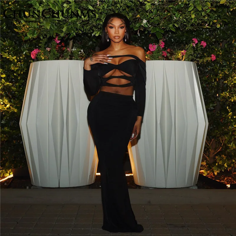 

Sexy Shoulder Off Long Sleeve T-shirt Bust Long Skirt Women Set 2022 Autumn Black Hollow Out Crop Top Wrap Hip Dress Suit Club