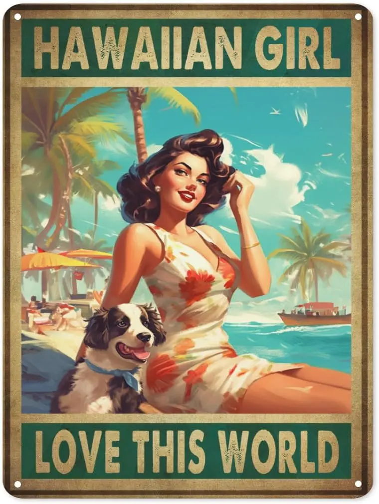 Hawaan Grl Love Ths World Metal Tn Sgn Vntage Pnup Grls Настенный декор для любителей Flm Home Garage Bar Man Cave 8x12 nch