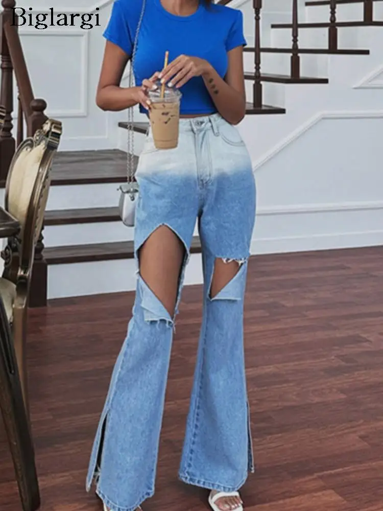 

Long Jeans Flare Pants Women High Waist Hollow Hole Patchwork Split Casual Ladies Jeans Trousers Fashion Woman Jeans Pants 2023