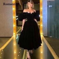 romantic black velour party dress off the shoulder puff sleeves tea length short evening prom gowsn sweetheart with lace vestido