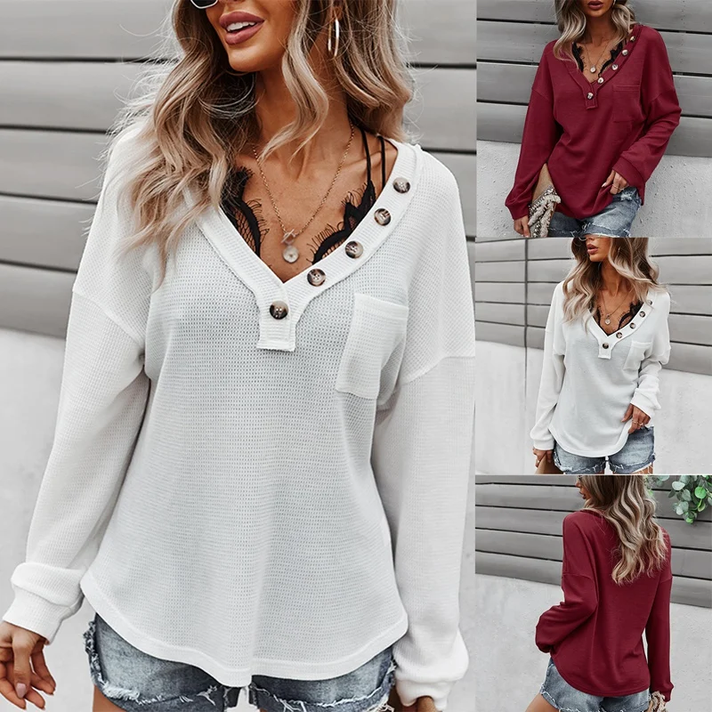 

Women's Knit Top V-Neck Long Sleeve Loose Casual Solid Color Faux Button Lightweight Tops