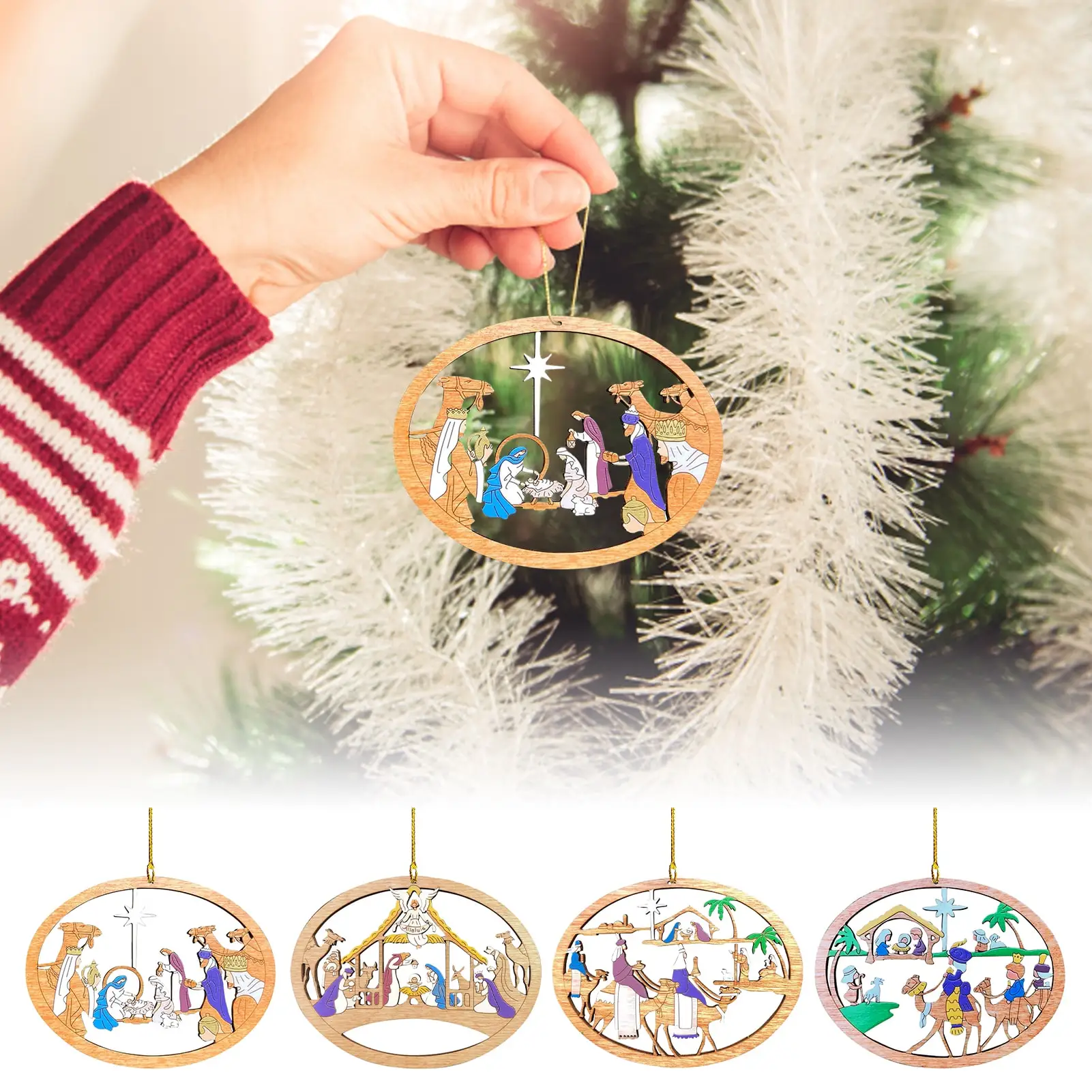 

Nativity Christmas Wooden Pendant Exquisite Hollow Christmas Tree Ornament Nativity Christmas Decoration For Christmas Holiday