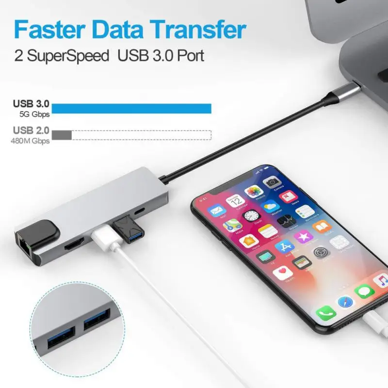 

Usb-хаб 5 в 1, 100 Вт, Type-c, 5 Гбит/с