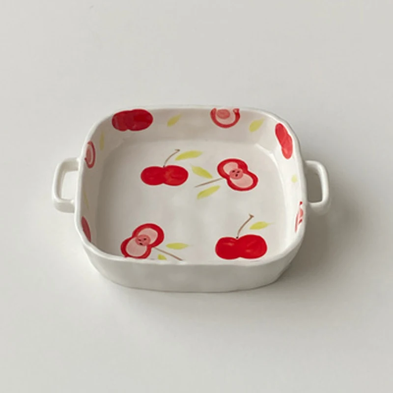 

العاب زوجية‏ جنسة Under Glaze Colored Ceramic Bowl Square Oven Korean Style Fashion Creative Double Handle Apple Print Plate