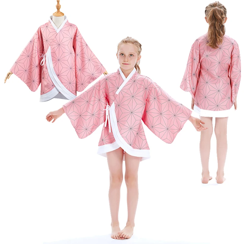 

Anime Demon Slayer Kimetsu no Yaiba Kamado Nezuko Cosplay Kids Costume Children Kimono Coat Pink Cloak Cape Halloween Party Suit