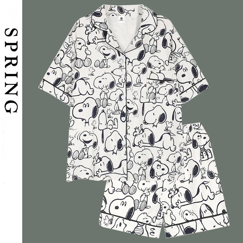 

New Kawaii Snoopy Summer Pajamas Large Size Pure Cotton Plush Short-Sleeved Shorts Loungewear Two-Piece Suit for Girls Gift