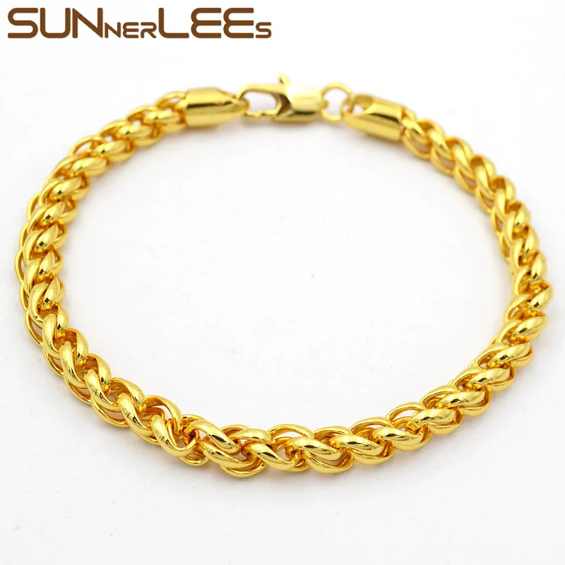 

SUNNERLEES модные ювелирные изделия позолоченный браслет 5 мм пшеничный стиль звено цепи для мужчин женщин подарок C61