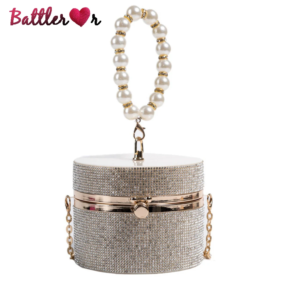 

Diamond Acrylic Round Party Clutch Evening Bag For Women Pearl Handles Female Purses And Handbags Small Shoulder Crossbody Bag