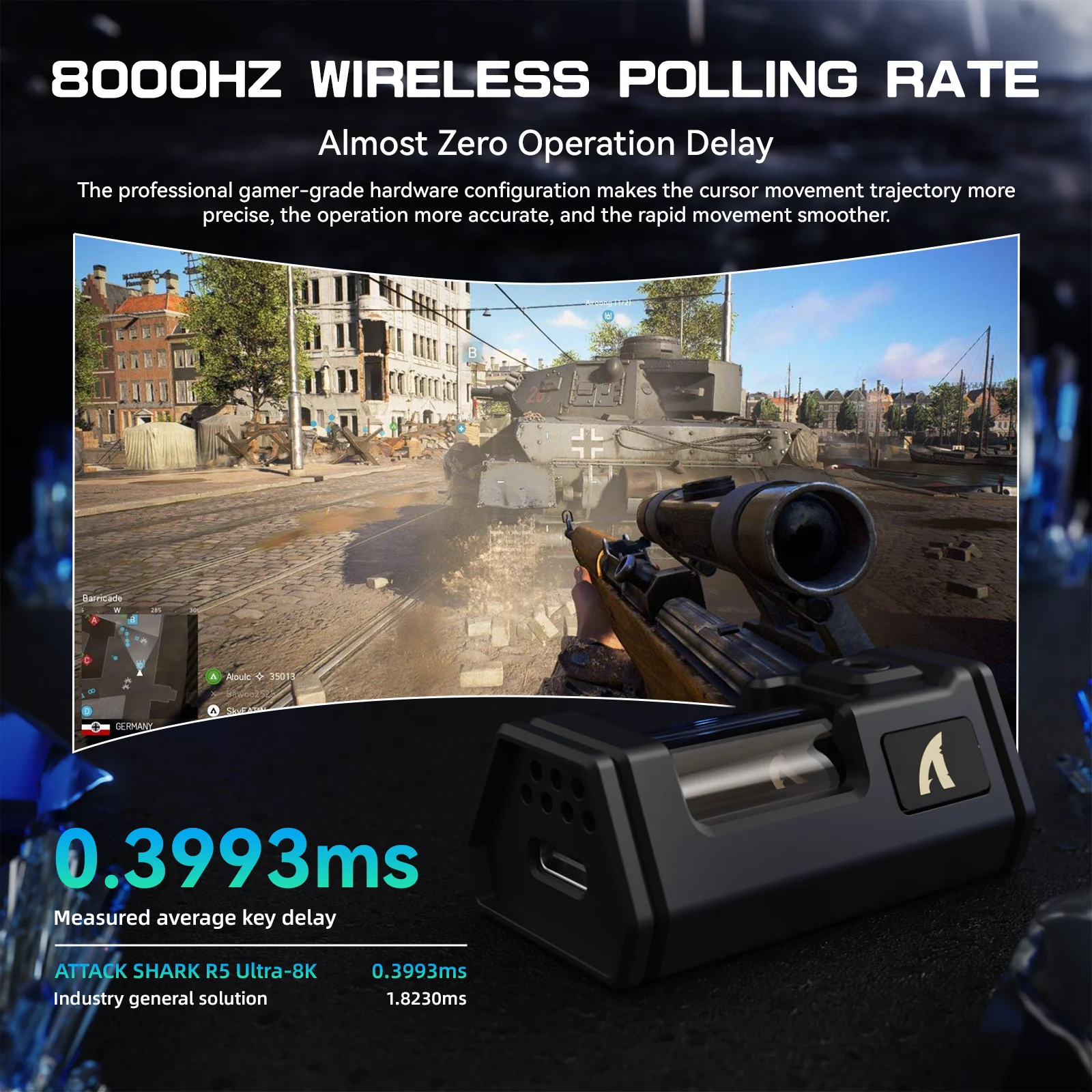  Беспроводная игровая мышь ATTACK SHARK R5Ultra из углеродного волокна 8K PAW3950MAX со спиральным кабелем 8K,