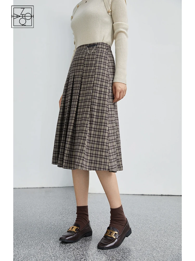 

ZIQIAO Women Brown Slim Skirt Autumn Winter High Waist Irregular Plaid Umbrella Dresses Mid-length Retro Commuter A-line Skirts