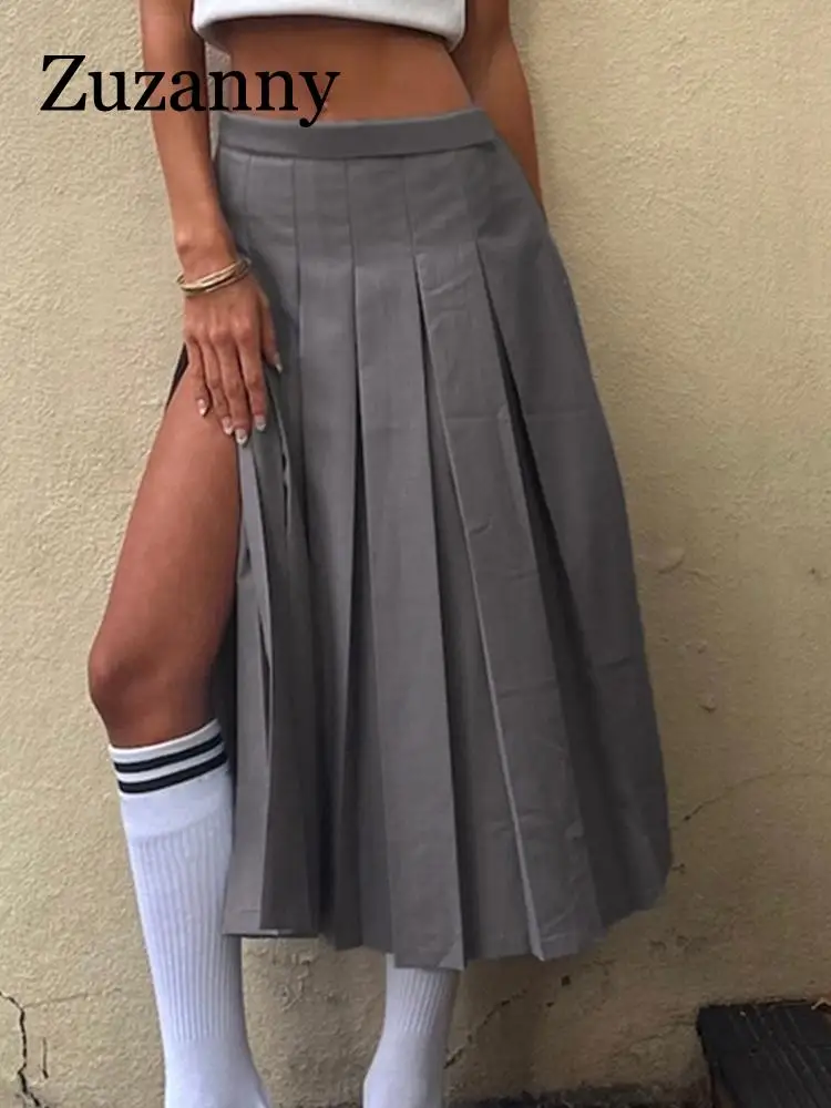 

Женская юбка с разрезом Zuzanny Y2K, плиссированная юбка с высокой талией, повседневная трапециевидная юбка миди в студенческом стиле, лето 2023