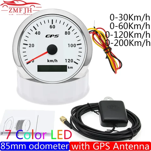 85 мм GPS-спидометр для двигателя, морской лодки, 7-цветная подсветка, 30 ~ 200 км/ч, измеритель скорости для лодки, автомобиля, грузовика с GPS-антенной на заказ